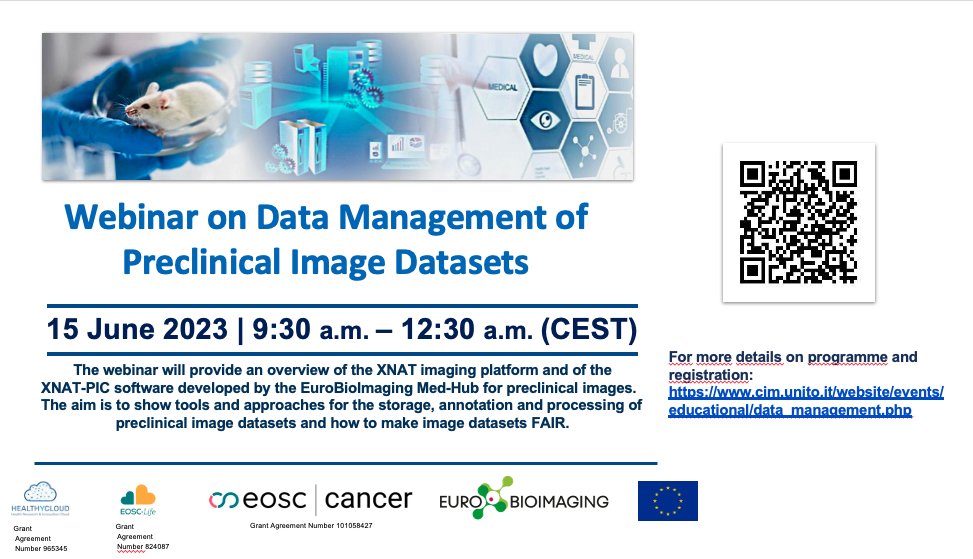 Great webinar on Data Management of Preclinical Image Datasets organised by <a href="/unito/">Università di Torino</a> <a href="/CNRsocial_/">CNR Consiglio Nazionale delle Ricerche</a> in collaboration with the #EuroBioImaging Med-Hub coming up on 🗓️Thursday, June 15 from 9:30-12:30 CEST. 
All are welcome! 
Full agenda &amp; registration below⤵️
cim.unito.it/website/events…
