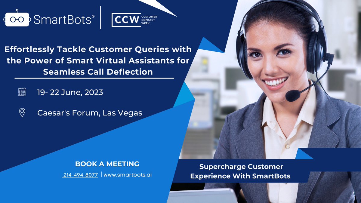 Meet the SmartBots team at CCW in Las Vegas this June to discuss how #smart virtual assistants powered by #llm & #generativeai elevate your #cx

Join us in Vegas- bit.ly/3qK8rFy

#ccw2023 #ccwvegas #ai #gpt #agents #customerexperience