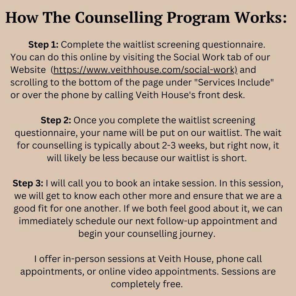 VeithHouse's tweet photo. Meet our new #counselling intern, Brittany! To be added to the waitlist, you can fill out the screening form on our website under the "social work" tab, or call us at (902) 453-4320! #veithhouse https://t.co/1uBOqdKL1w https://t.co/kFhbCqIe0N