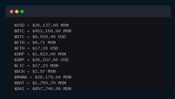 ¡Compra criptomonedas en Binance, regístrate y obtén 100 USDT de descuento! ⇒ accounts.binance.com/es-MX/register… 

 1 $USD  = $26,137.00 MXN
 1 $BTC = $452,160.00 MXN
 1 $ETH = $9.71 MXN