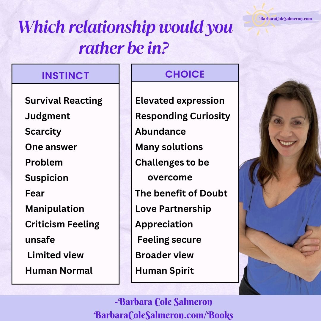 🤔 Would you prefer a relationship based on instinct or choice? 💖

#author #quotes #relationshipcoaching #onlinecoach #relationships #honeymoonforever #dallastexas #BarbaraColeSalmeron #EmpoweredRelationships #ScienceofStressRelief