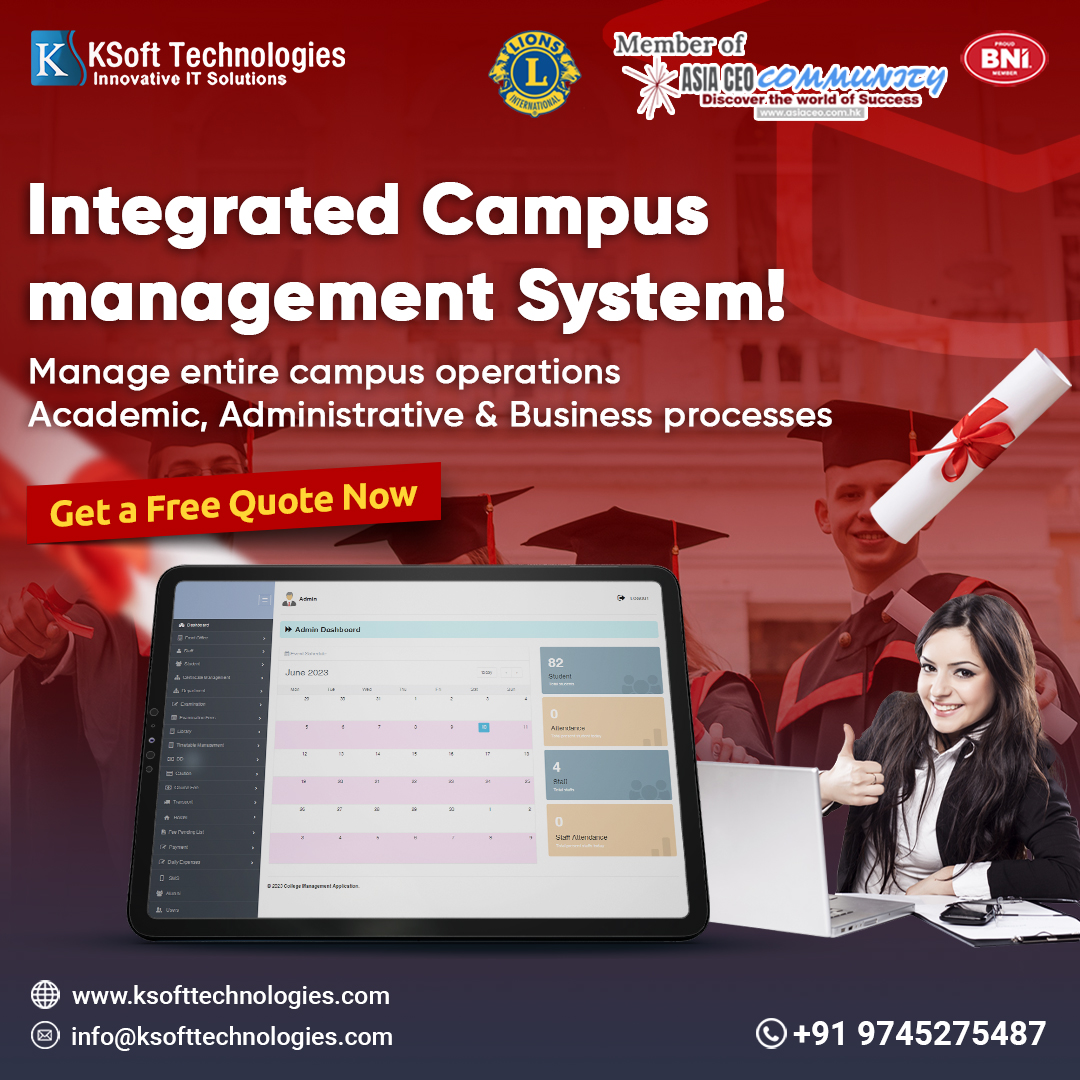 Integrated Campus management System!
Manage entire campus operations Academic, Administrative & Business processes

#LetsGrowBusinessWithKsoft #KsoftWebsiteMovement
#schoolerp
#education
#schoolmanagementsoftware #software #erp #schoolsoftware #schoolmanagement