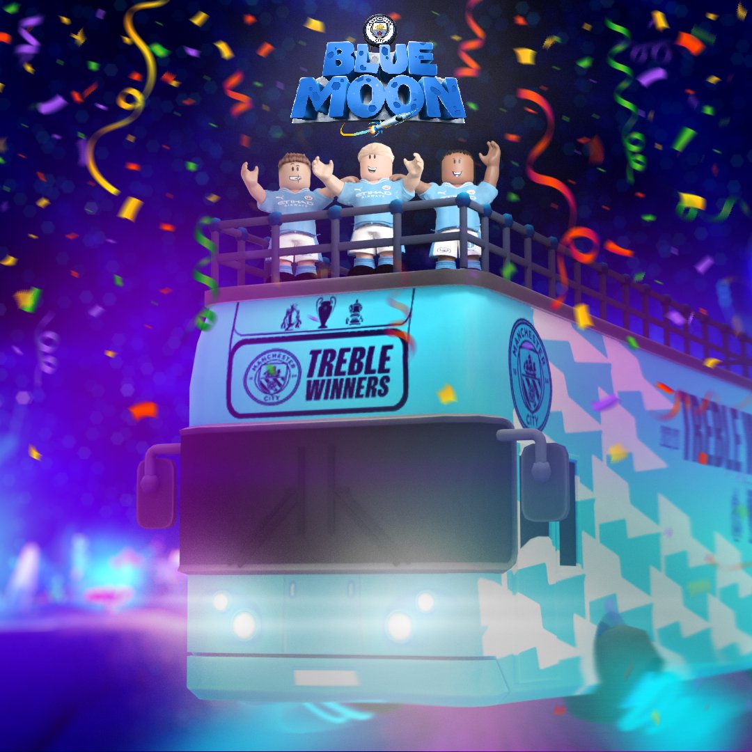 ManCity's tweet photo. Celebrate the Treble on Blue Moon on @Roblox! Attend the virtual parade, check out new emotes, and rock new exclusive UGC merch! 🎉👇 #ad