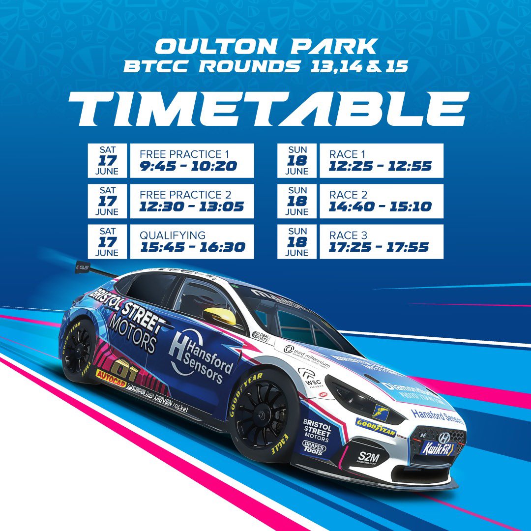Check out this weekend's schedule from Oulton Park 🏆🏁

Tune in from midday on ITV1 for Race 1 then we switch over to ITV4 for Races 2 & 3.

📺 12:00 - 14:00 (ITV1)
📺 14:00 - 18:15 (ITV4)

#BTCC #Timetable #OultonPark #EXCELR8Motorsport #BristolStreetMotors #MacklinMotors