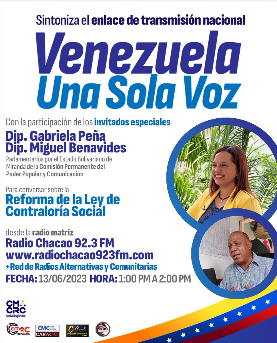 #Hoy el Enlace de Transmisión VENEZUELA UNA SOLA VOZ Tendrá como Invitados a los Diputados @gabycomunas y @benavidespsuv4 de la Comisión del Poder Popular y Comunicación de la Asamblea Nacional, para hablar de la Reforma de Ley de Contraloría Social. @NicolasMaduro @dcabellor