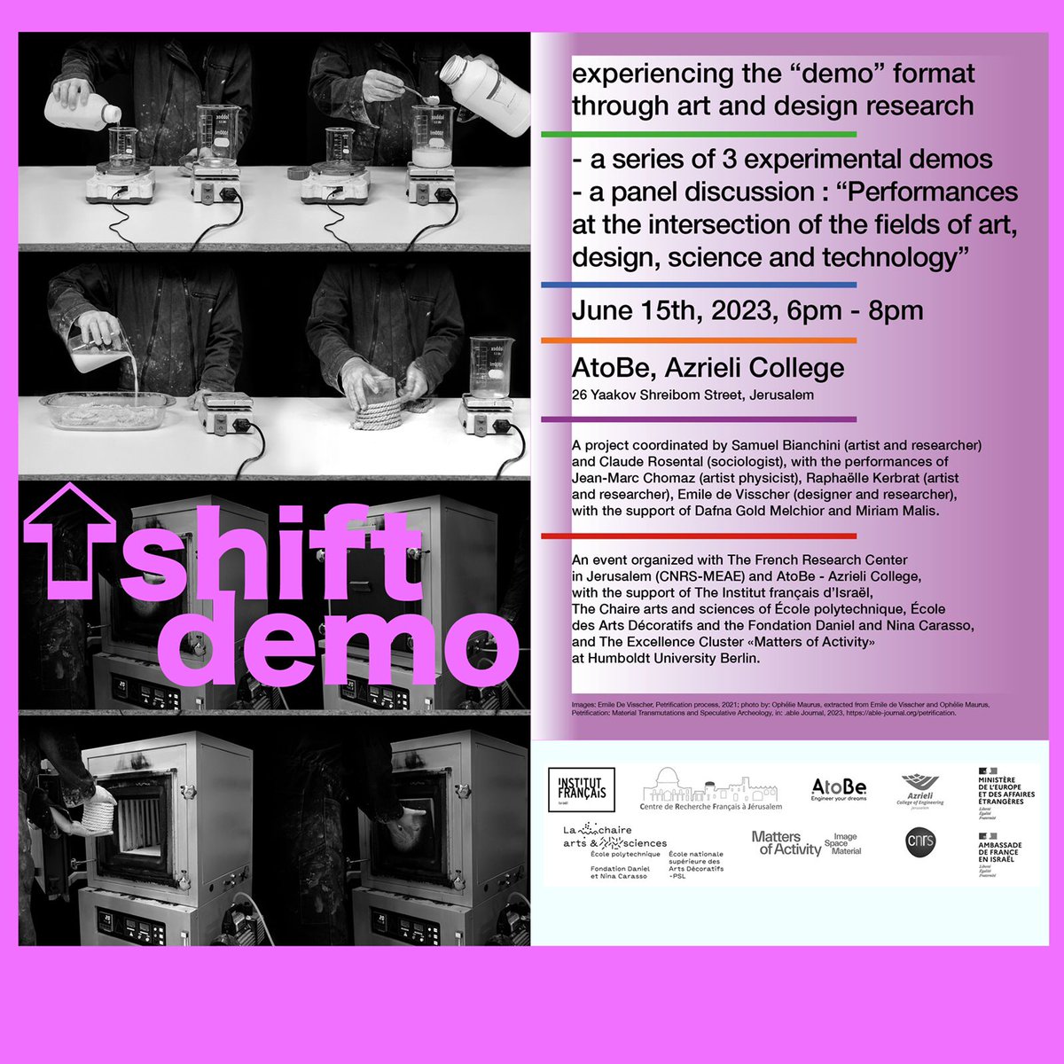 🎯Shift Demo arrives this Thursday in Jerusalem!

🟡A project coordinated by Claude Rosental, @CRFJerusalem and Samuel Bianchini, @EnsadLab 

📍Where? AtoB, Azrieli College, @AtoBeJLM 

🗓️When? Thursday, June 15th 6-8 pm

🟣Register here to participate: docs.google.com/forms/d/e/1FAI…