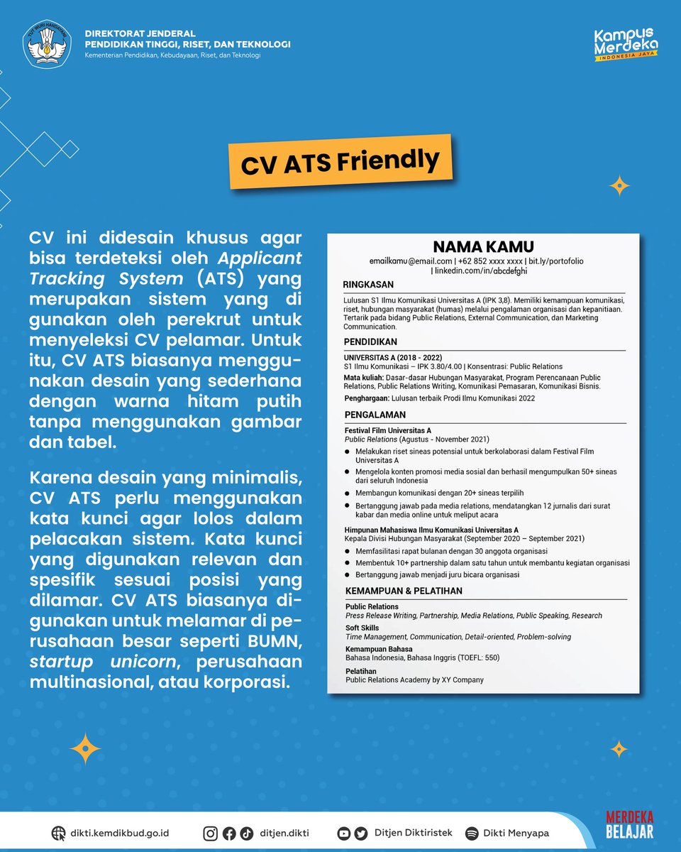 Kemdiktisaintek's tweet photo. Halo #InsanDikti,
MSIB Batch 5 masih buka pendaftaran nih sampai 30 Juni 2023.
Sudah siapkan CV terbaikmu? Atau masih bingung pakai CV apa?
Yuk, pahami dulu jenis CV di atas agar tidak salah pilih dan dilirik oleh perusahaan pilihan kalian ππ»β¨
#MSIBBatch5
#DiktiSIGAPMelayani https://t.co/MVNPhyrchN