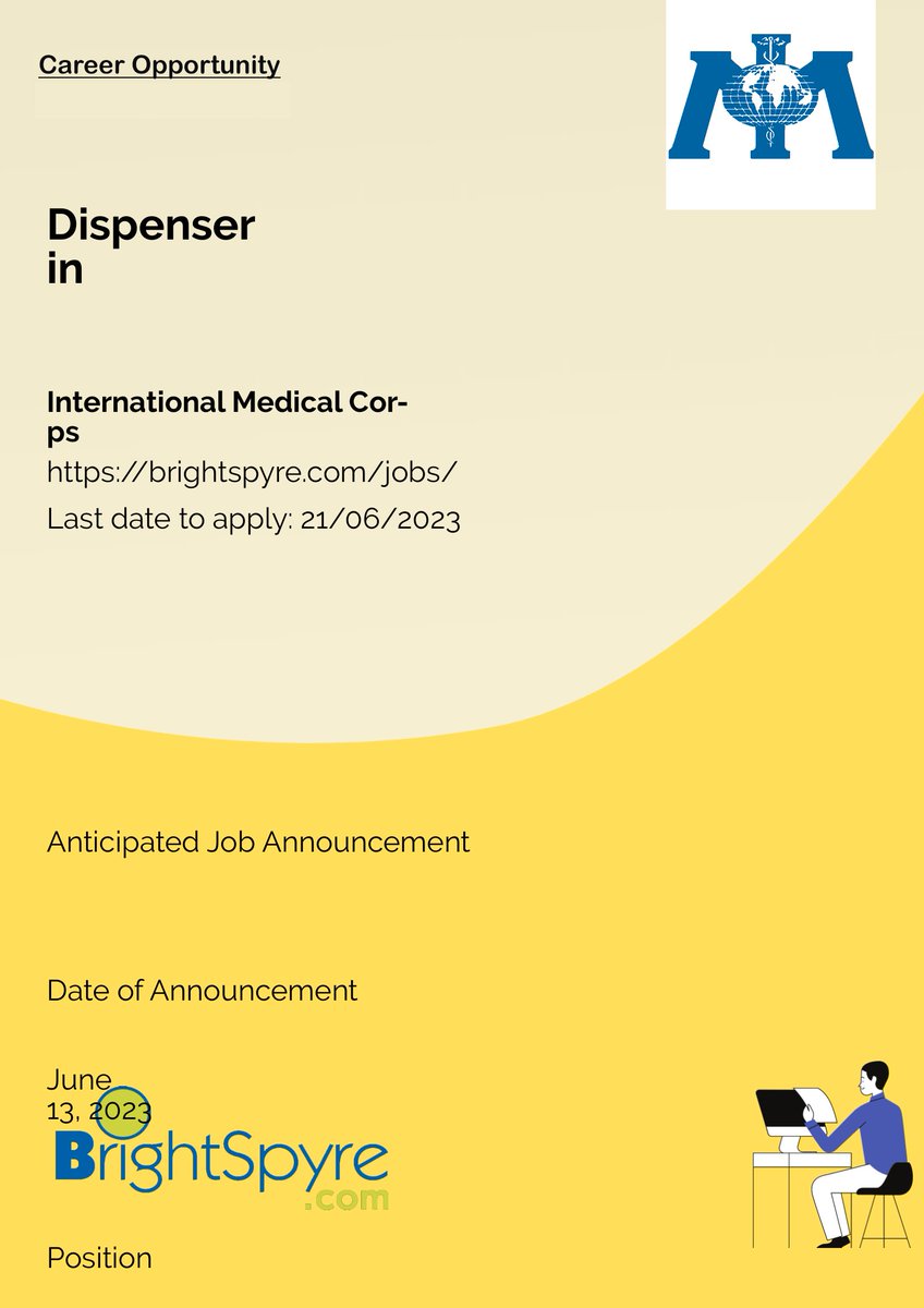 BrightSpyre's tweet photo. International Medical Corps is Looking for Dispenser... Apply now: https://t.co/rA7zFXyxwf  
#BrightSpyre #Job #Dispenser https://t.co/sO9B8z4ayY