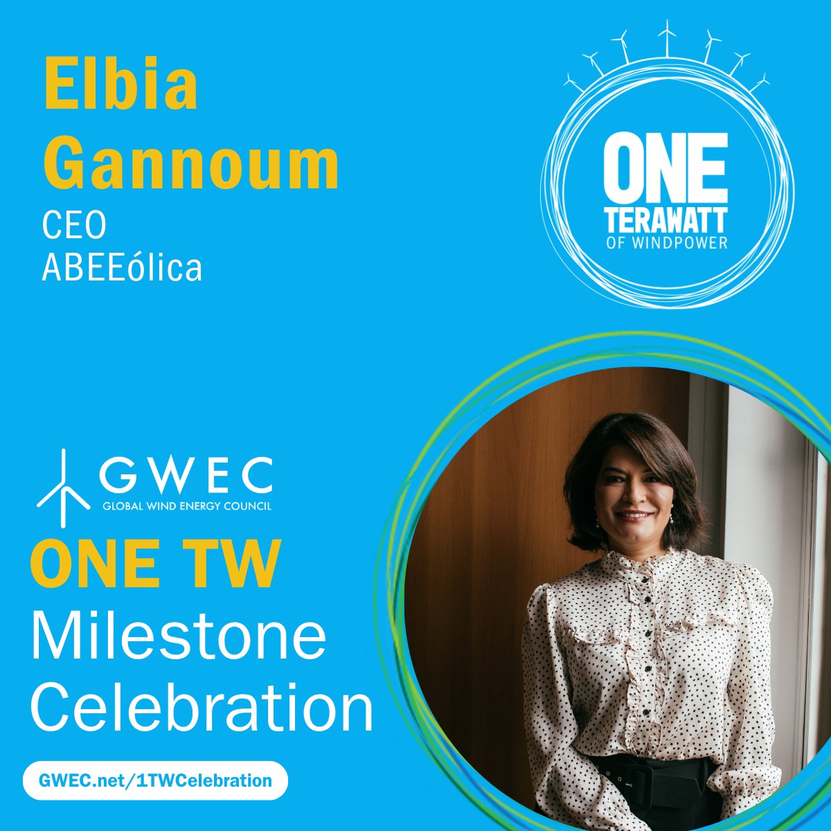 📍<a href="/abeeolicaeolica/">ABEEólica Associação Brasileira de Energia Eólica</a>'s CEO, <a href="/elbiagannoum/">elbia   silvagannoum</a>, will speak at our one-terawatt milestone celebration on #GlobalWindDay - June 15th.

Elbia is active in the global debate on energy transformation, expansion, gender equity, diversity &amp; economic inclusion.

#RenewablesNow #WindPower1TW