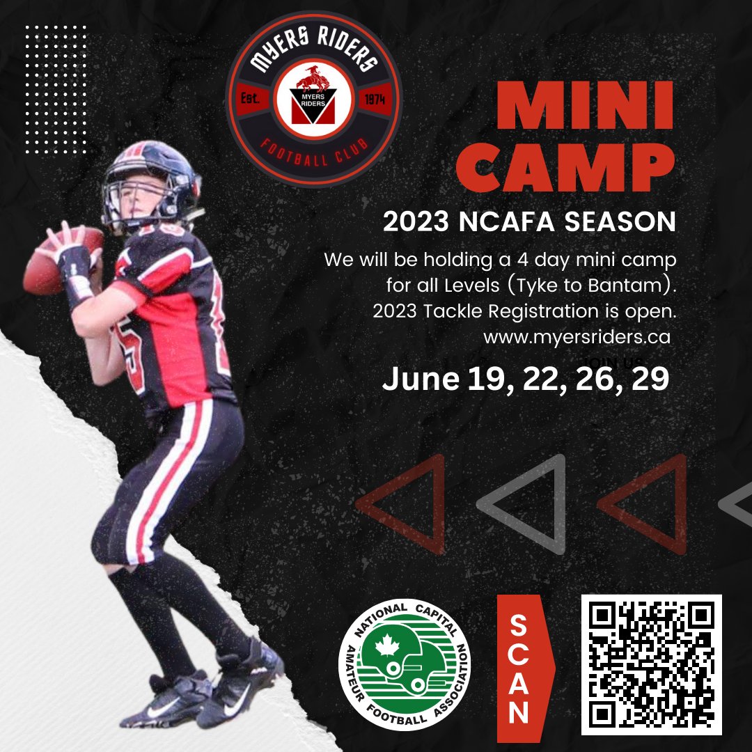 Are you ready for some football? The season is about to kickoff on June 19th with a 4 day mini camp. All participants must be registered for the 2023 NCAFA season. Scan the QR code or visit myersriders.ca/programs/ncafa/

The coaches are ready are you?
