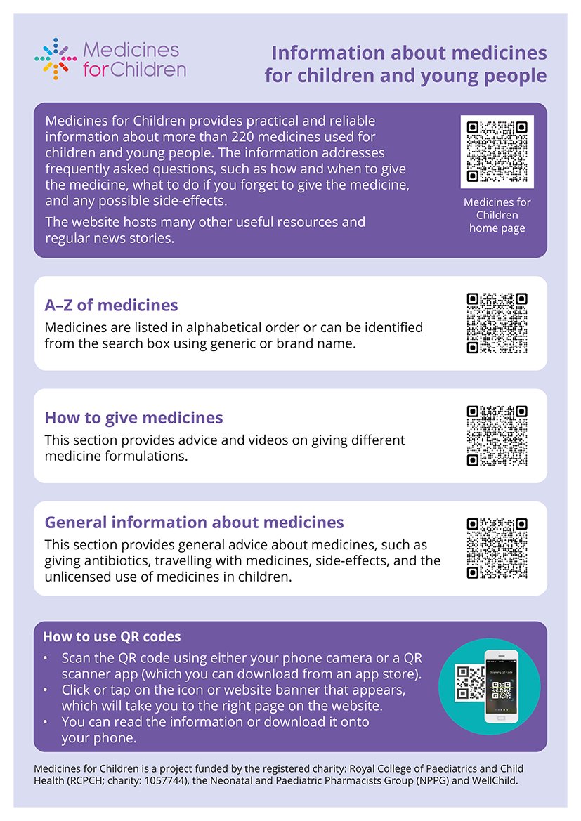 Medicines for Children have developed a series of posters with QR codes for medicines commonly prescribed to children or for general advice. They offer quick access to our info for healthcare settings such as clinics or GP surgeries bit.ly/M4C-QR-posters @MedsForChildren