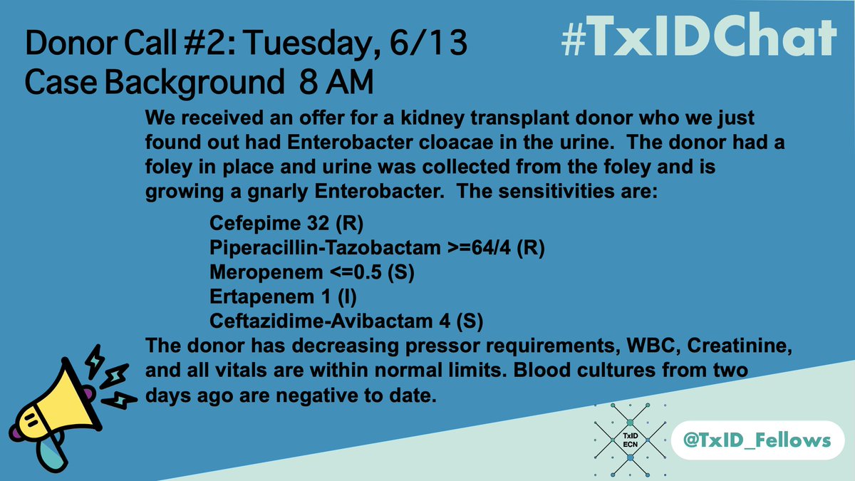 1/
Welcome back to Day 2 of the #TxIDChat Donor Call series by @TxID_Fellows

Tuesday, 6/13: Case #2 

Questions on Tweet #2!
@shwetanjan @alfred_luk @TedRader4MD @camwolfe @MichaelGIsonMD @DocWoc71 @TMcCarty2010 @alan_koff @NeerajaSwamina2 @namarschalk @GermHunterMD @DrPHO_ID