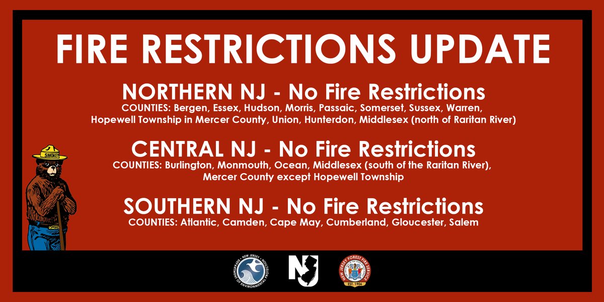 njdepforestfire's tweet photo. Tuesday, June 13 – Following yesterday's rainfall the New Jersey Forest Fire Service has updated fire restrictions statewide.

✅🔥 NORTHERN NJ - No Fire Restrictions
✅🔥 CENTRAL NJ - No Fire Restrictions
✅🔥 SOUTHERN NJ - No Fire Restrictions https://t.co/wpJ1j7k2qd