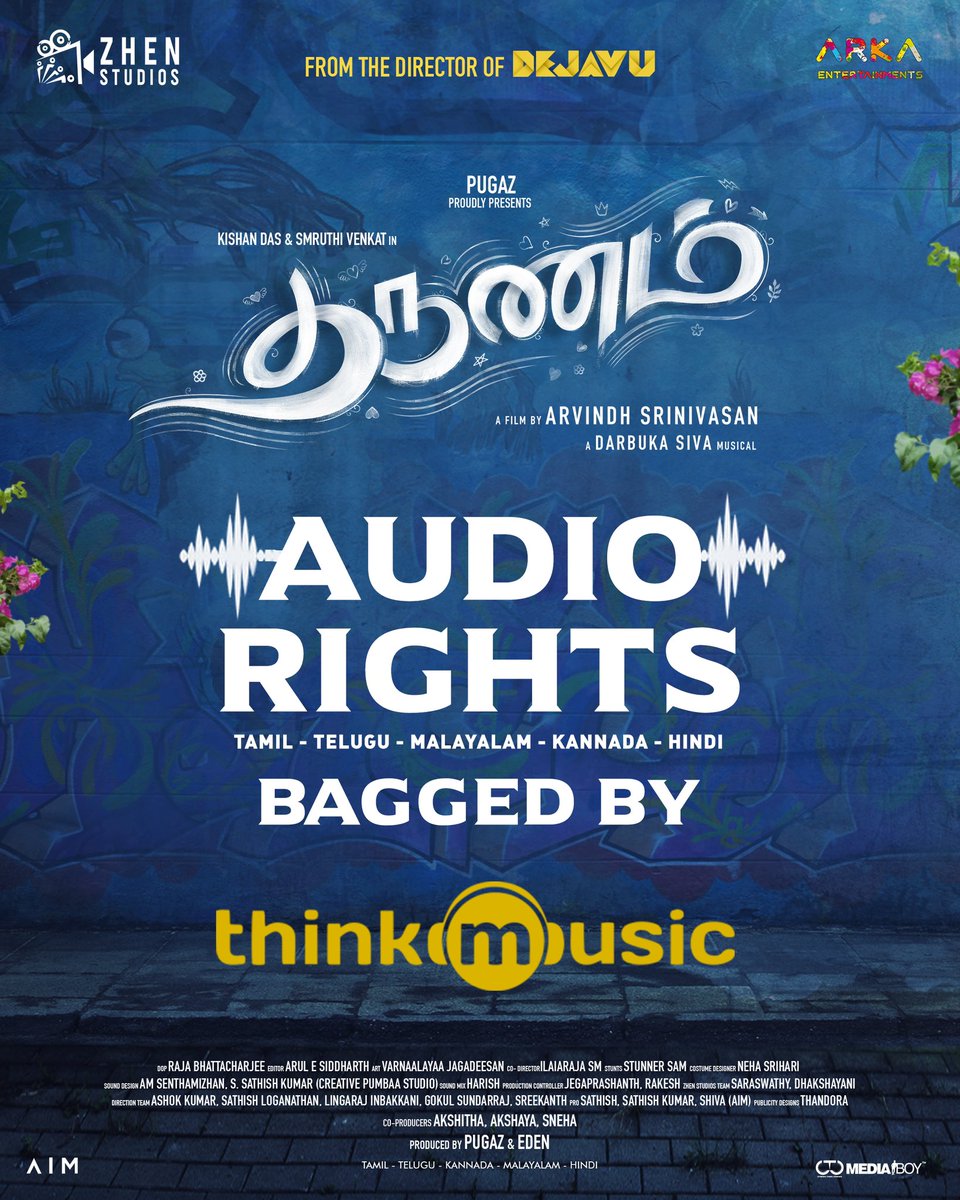 #Tharunam #தருணம் Audio rights acquired by @thinkmusicindia *ing @kishendas & @smruthi_venkat To be Made in Tamil, Telugu, Kannada, Malayalam & Hindi A film by @dirarvindh A @DarbukaSiva Musical @zhenstudiosoffl @pugazoffl @arkaents @RajaBhatta123 @teamaimpr @CtcMediaboy