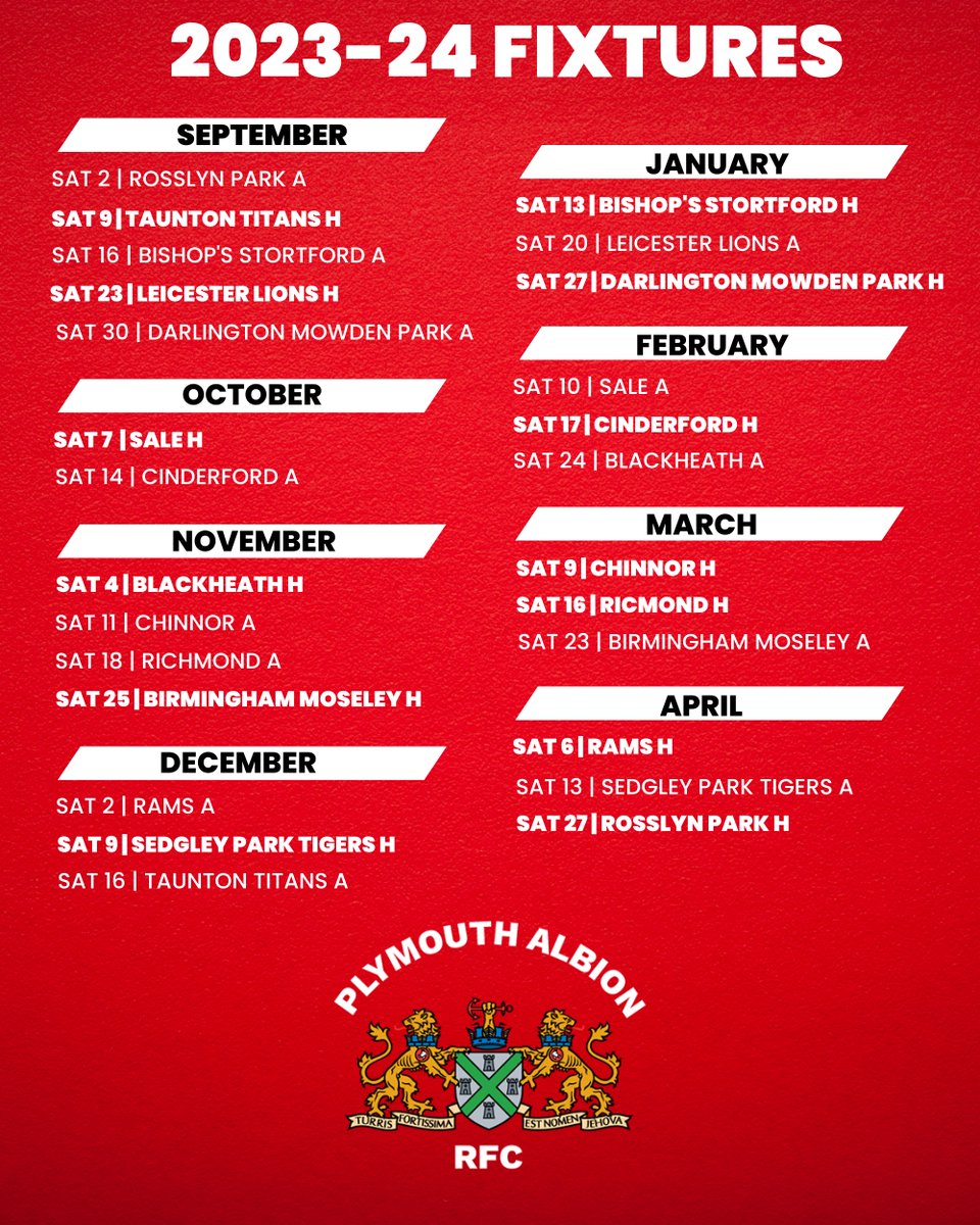 🚨 FIXTURES CONFIRMED 🚨

Our <a href="/Natleague_rugby/">National League Rugby</a> fixtures for the 2023-24 season have been confirmed!

👉 plymouthalbion.com/2023-24-fixtur…

Please note that the dates below are subject to change

#AlbionAsOne