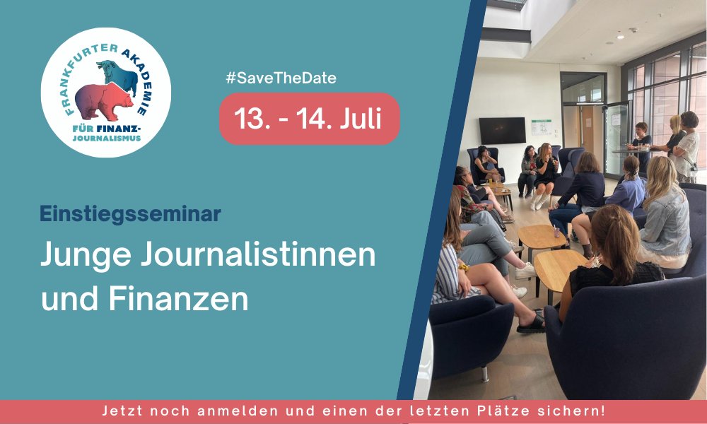 Noch 1 Monat bis zum Seminar „Junge Journalistinnen und Finanzen“ am 13. &amp; 14. Juli🎉
Für das kostenlose Seminar brauchst Du kein Vorwissen – denn das bauen wir im gemeinsamen Austausch mit Expert*innen aus Wirtschaft &amp; Finanzen auf!
💡Jetzt Platz sichern: finanzjournalismus-akademie.de/seminare/