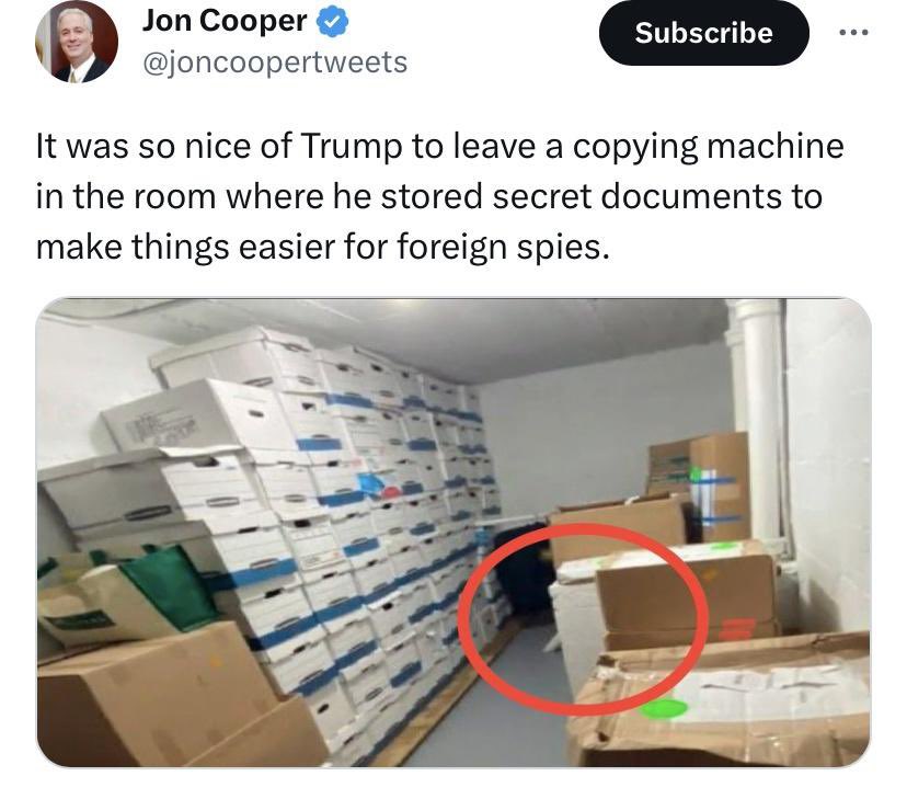 I sure hope Jack Smith has access to Trump’s copy machine. 

Why? Because Copy Machines have hard drives that keep Data records of what was copied/scanned. 👀👀 #TrumpArraignment #TrumpForPrison