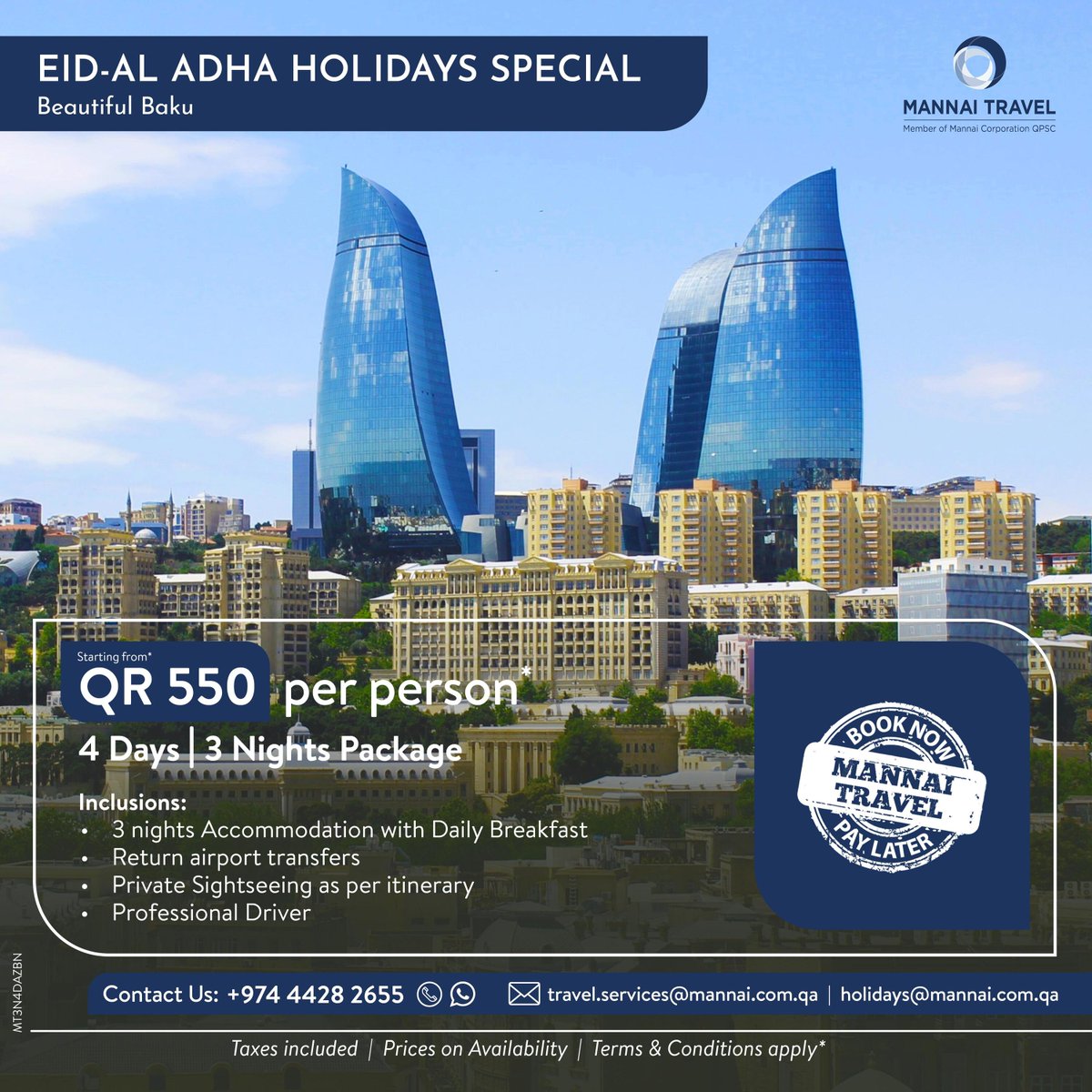 MannaiTravel's tweet photo. Escape ordinary life this Eid-Al Adha! Discover Italy, Turkiye, and Baku with our exclusive packages. Limited slots! Book now for adventure. .
Want to book your package?
Click Here: https://t.co/8KYiZ3jFsg.
#EidGetaway #Wanderlust #BookNow #MannaiTravelQatar #EidSpecial https://t.co/ZpRhD5OJjL