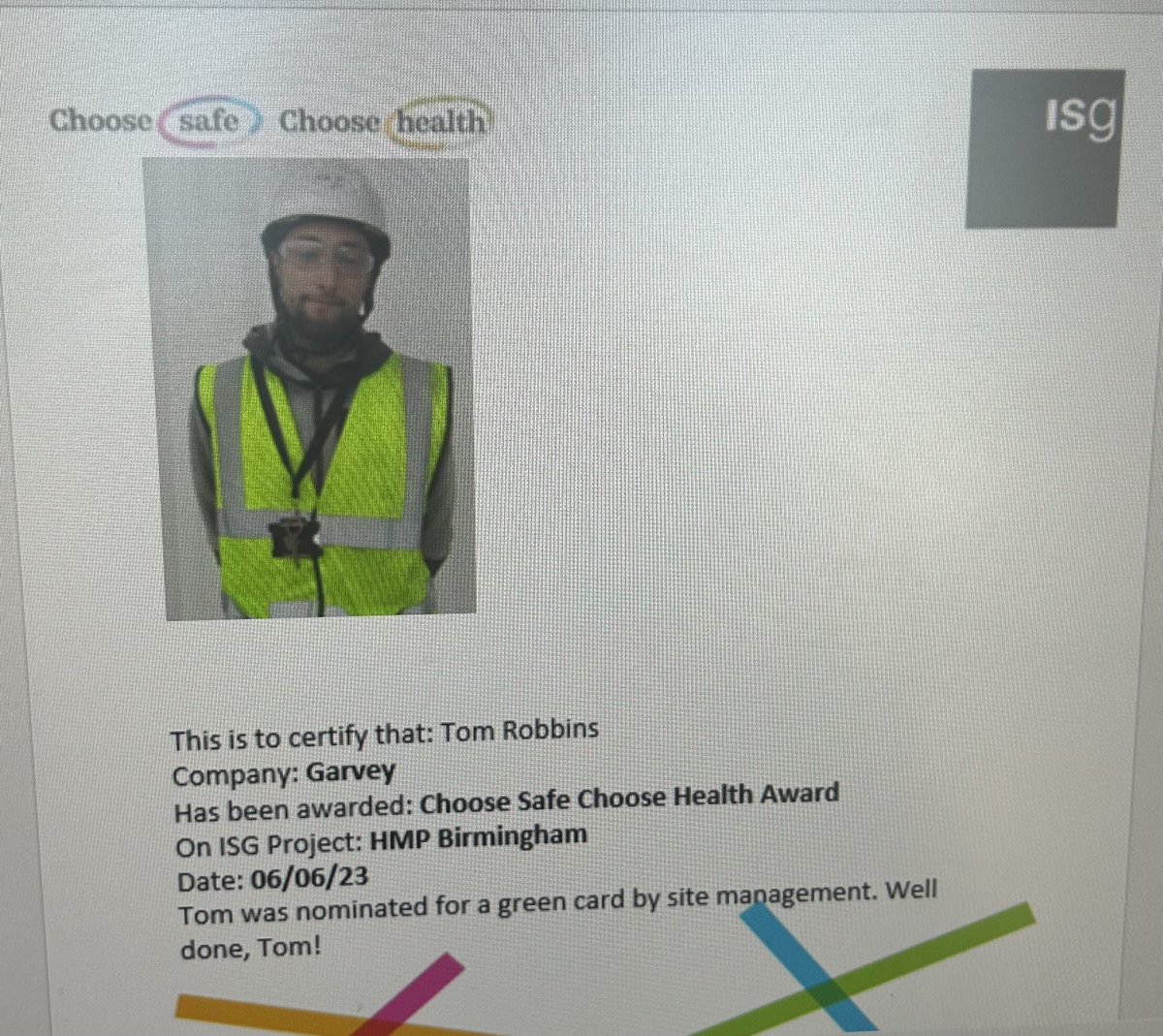 Well done to our 2 employees working on a large Midlands project for ⁦@isglimited⁩, for receiving this months Chose safe choose health award.👍🏻