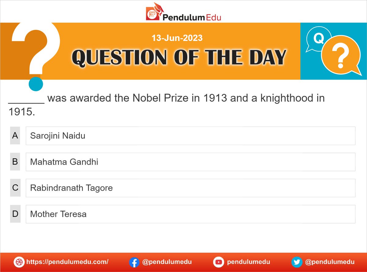 pendulumedu's tweet photo. Attempt GK question by PendulumEdu to know more who won the Nobel Prize in 1913 and Knighthood in 1915. View the Solution here
https://t.co/zulzUdk6Pu
#dailygk #dailyquiz #dailygkquiz #dailyfact #Questionoftheday #GKquestionoftheday #GKmcq #Mathmcq #mathquestionoftheday https://t.co/9OEu9KxRMP