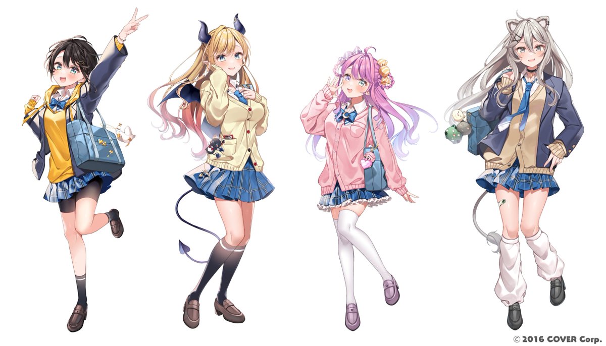 himemori luna ,oozora subaru ,shishiro botan ,yuzuki choco multiple girls 4girls skirt tail horns school uniform long hair  illustration images