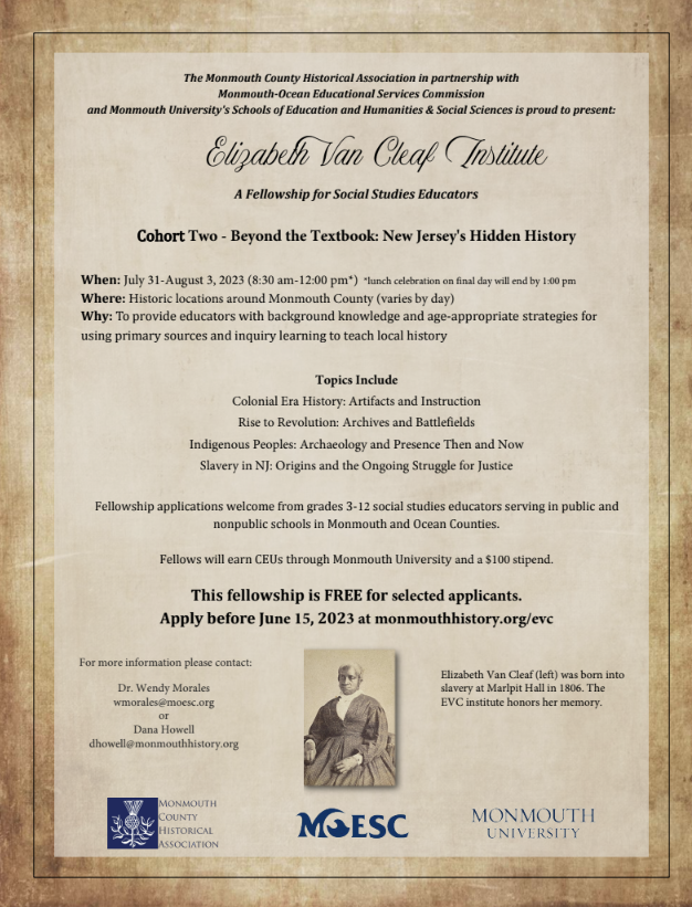 History educators: Only 2 days left to apply for the EVC Institute - a free fellowship focused on the hidden history of NJ! PD at historic locations in Monmouth County. Brought to you by @monmouthu @moescnj & @MCHA1898.  Find out more & apply at monmouthhistory.org/evc