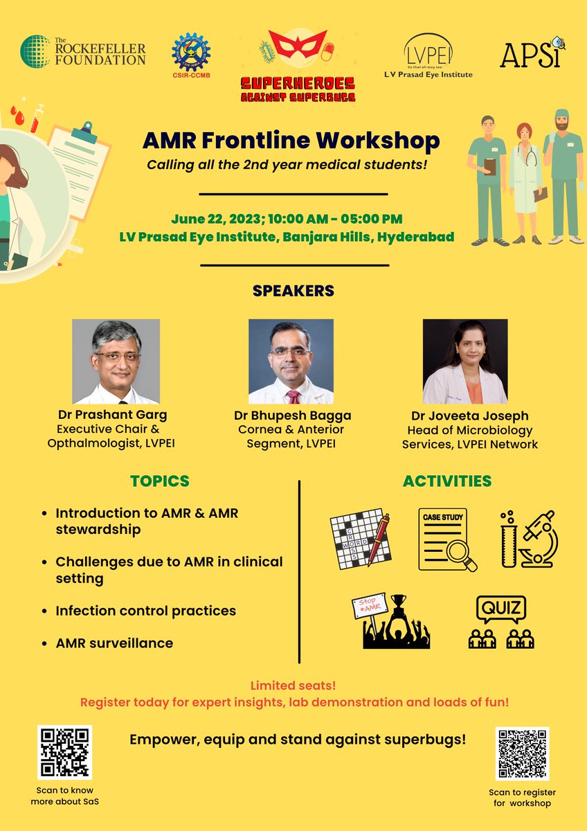 Med Students, Workshop Alert! 🚨
Mark Your 🗓️

The Unmissable #AMR Frontline Workshop is Coming to #LVPEI, Hyderabad on June 22! 🌟📚 

Gain expert insights
Engage in interactive activities 🧩
Experience lab demos 🧪
Network📢
Earn certificates 📜

Be the #vanguard against #AMR⚕️