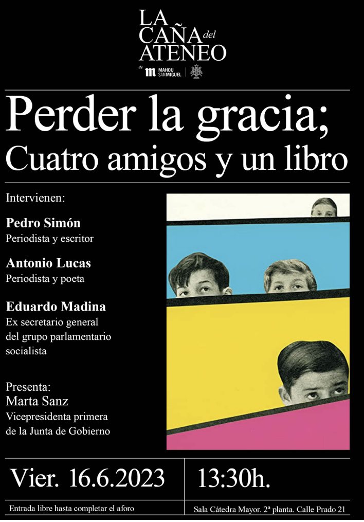 El viernes 16 a las 13:30 en #lacañadelateno de <a href="/MahouSanMiguel/">Mahou San Miguel</a> se ven Cuatro amigos y un libro . @jgomezdantander , <a href="/EduMadina/">Edu Madina</a> #PedroSimon #AntonioLucas  y <a href="/martuquisanz/">Marta Sanz</a> .