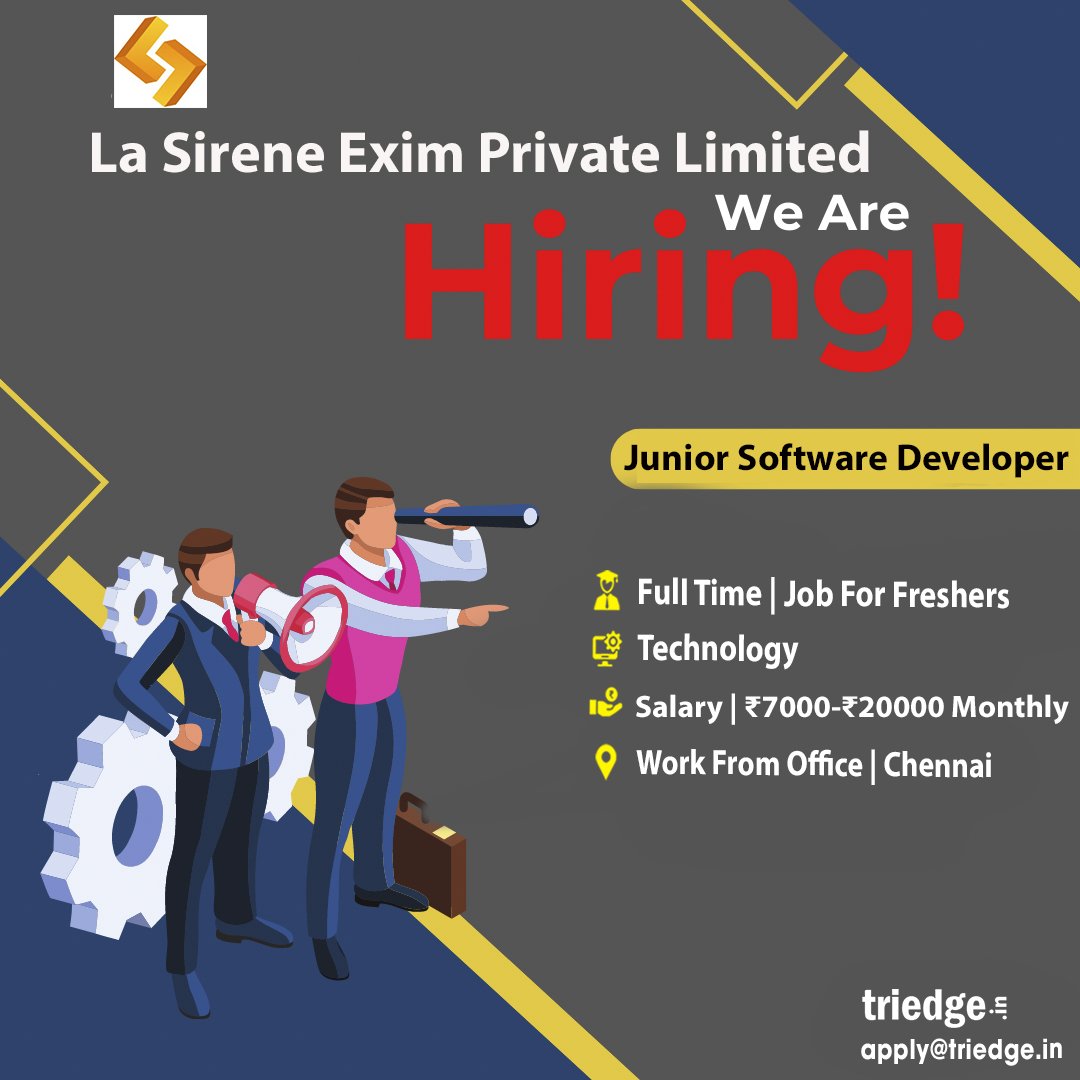 Triedge_in's tweet image. La Sirene Exim Private Limited is hiring freshers for Junior Software Developer role.
Interested candidates may send their resumes at apply@triedge.in.
#hiring #juniorsoftwaredeveloper #internship #triedge