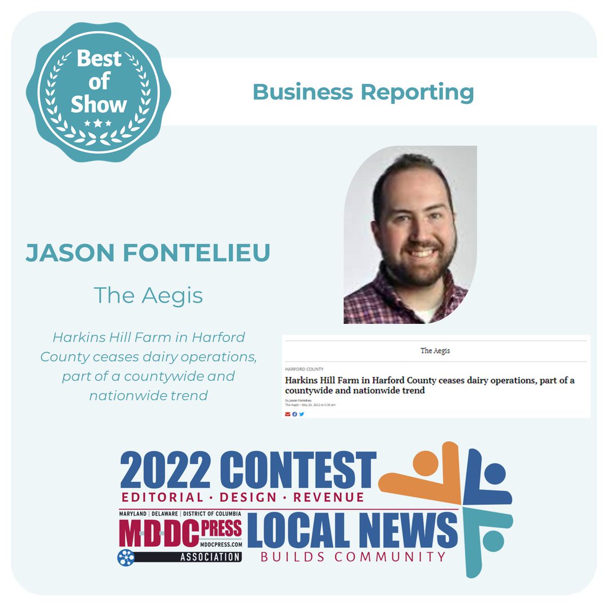 MDDCPress's tweet photo. Congratulations to Jason Fontelieu from The Aegis!

🏆 See all winners at https://t.co/8DuN85dOLd https://t.co/6KjPIH4BQd