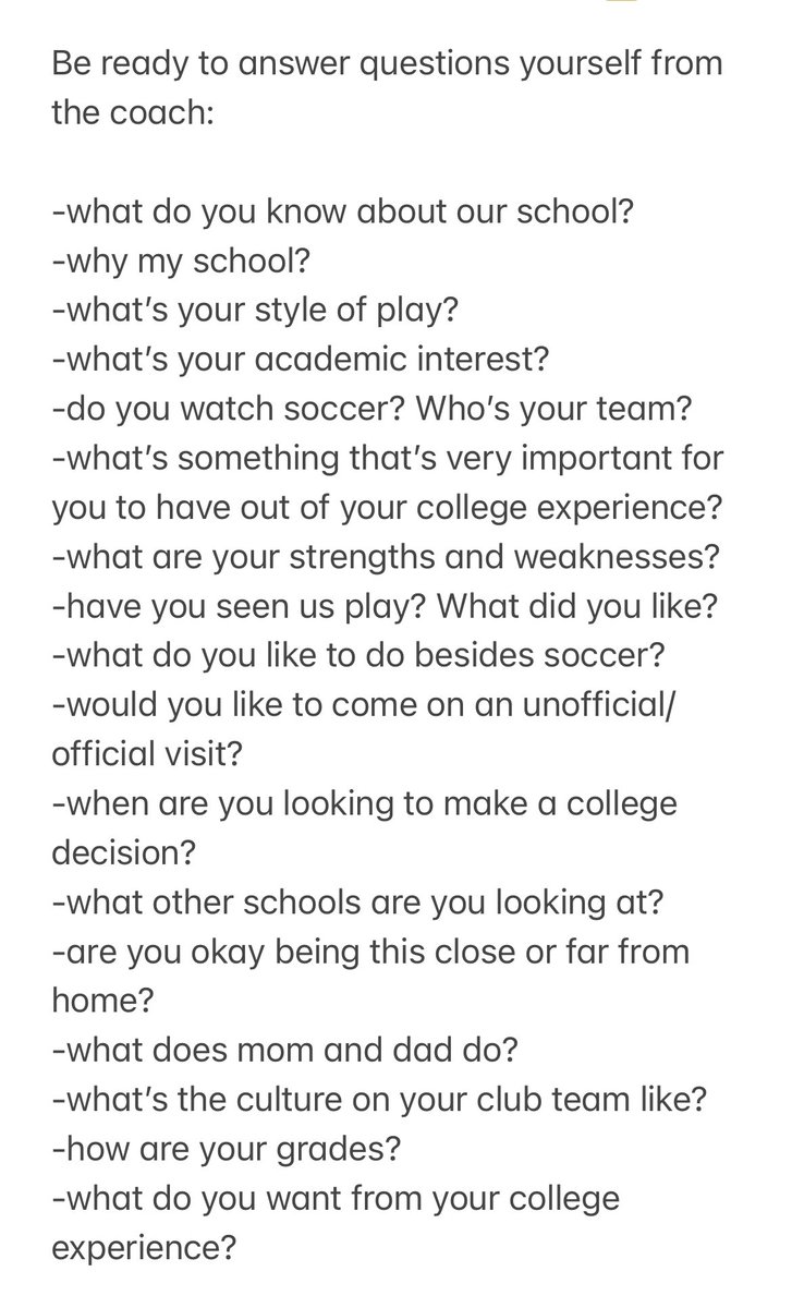 Recruits,

Do you need a list of questions to ask college coaches? Do you know what questions they may ask you?

Here’s a list for you.

Do your research well before your calls with college coaches.

Be ready to ask &amp; answer questions. 

See all 4 photos:
#CSTruth