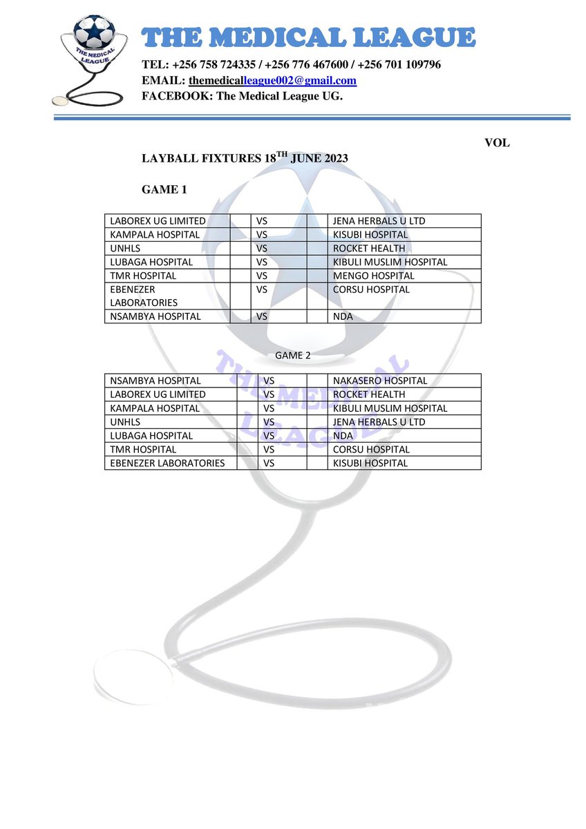 themedicalleag1's tweet image. THE MEDICAL LEAGUE UG!!!!
The Football, Volleyball and Netball fixtures for third outing of the medical league 2023 due to take place on the 18th of June at Mengo Senior School.
#themedicalleagueug 
#mengoss