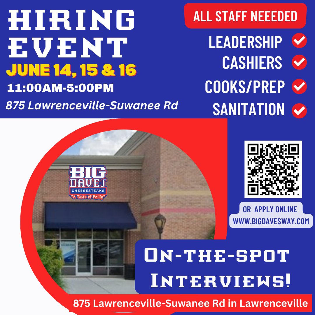 Big Dave's newest spot in Lawrenceville opens in July! We're now hiring all staff positions &amp; offering on-the-spot interviews.  Stop by Wed. Thurs. or Fri. for your chance to join our Big Dave's Lawrenceville team.

11:00AM-5:00PM
Or APPLY @ bigdavesway.com
#bigdavesway