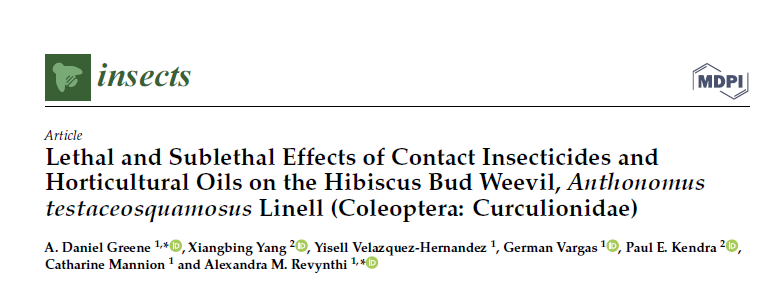 New paper on Lethal and Sublethal Effects of Contact Insecticides and Horticultural Oils on the #Hibiscus Bud Weevil mdpi.com/2337308 #mdpiinsects via @Insects_MDPI  @UFEntNem @UFTropical @FNGLA @FNGLAMiamiDade @USDA_ARS #UFBugs