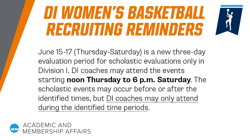 🏀 REMINDER 🏀

Check out the graphic below regarding the new three-day evaluation period for scholastic evaluations only in Division I Women's Basketball.