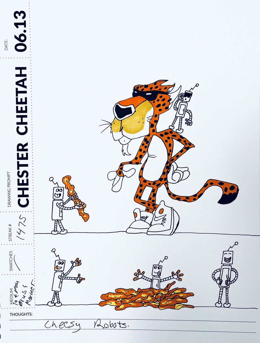 SoundtrackAlley's tweet image. Day 13. Chester Cheetah. My robots are cheesy today. #ChesterCheetah #SimpleDailyDrawing #June2023 #drawingprompts #robots #frumpysketch @SimpleDailyDra2