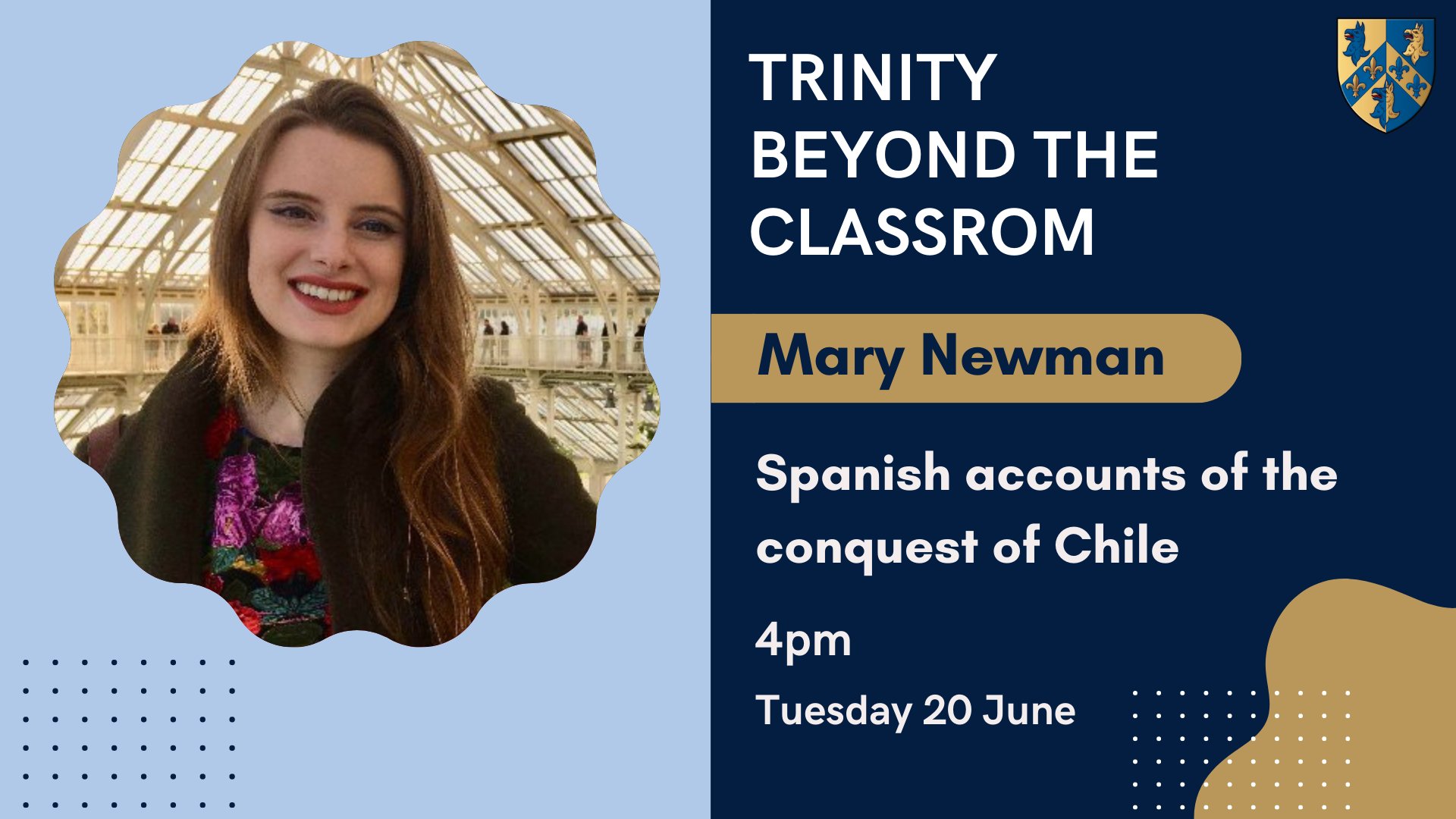 A graphic advertising Mary Newman's Trinity Beyond the Classroom talk on 20 June.