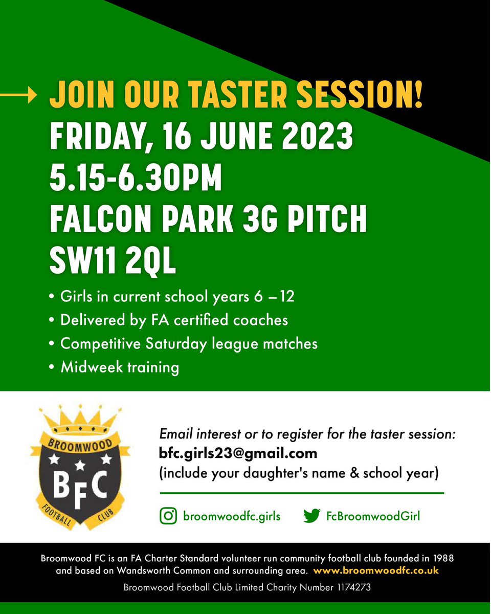 Come and join us - email bfc.girls23@gmail.com to register your interest. <a href="/BroomwoodFC/">BroomwoodFC</a> <a href="/CapitalGirlsLnd/">Capital Girls League</a> <a href="/balhamnewsie/">Balham Newsie</a>