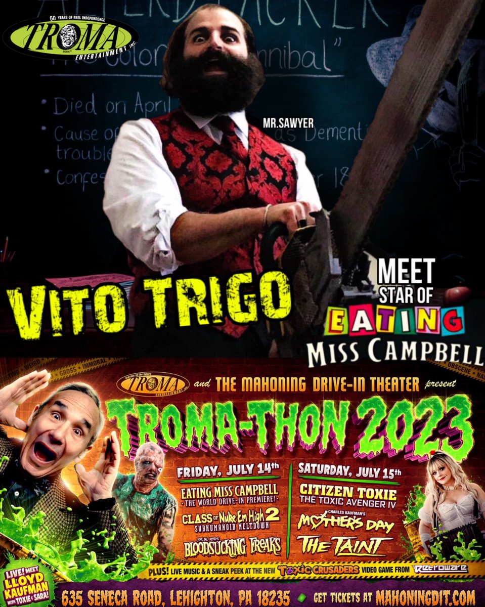 80sbabyTru's tweet photo. All the Stars are coming to #Tromathon @refuseliam @VITOTRIGO @eatingcampbell @DonnaSlashXO #killdollykill #toxie @Troma_Team @TromaNOWApp @lloydkaufman @Retroware https://t.co/TTIVwxF2Sd