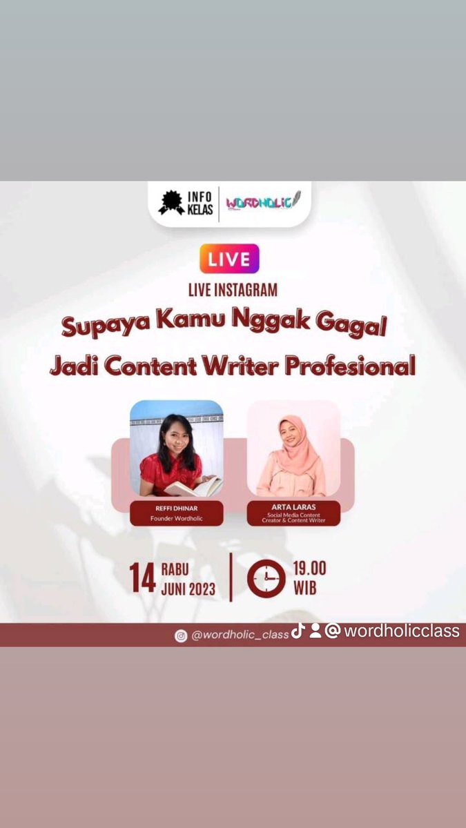 Wordholic_class's tweet photo. Cuma mau info. Besok ada live Instagram bareng kamii. #Contentwriting #freelancewriter #wordholicclass https://t.co/ProIegf1dw