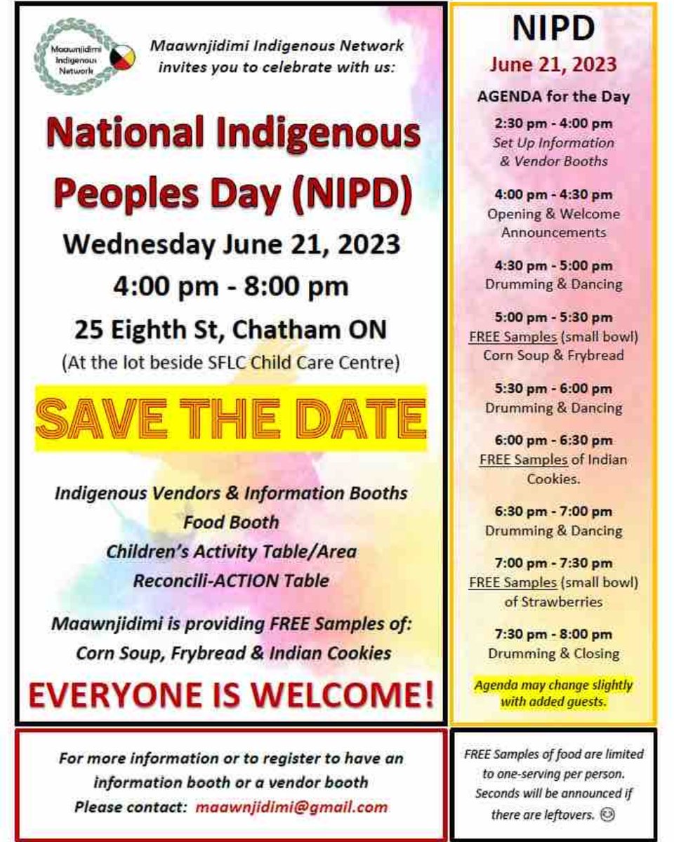 Celebrate National Indigenous Peoples Day in Chatham-Kent! June 21, 4-8pm.
All are welcome to this local event.
#YourTVCK #TrulyLocal #CKont #NIPD