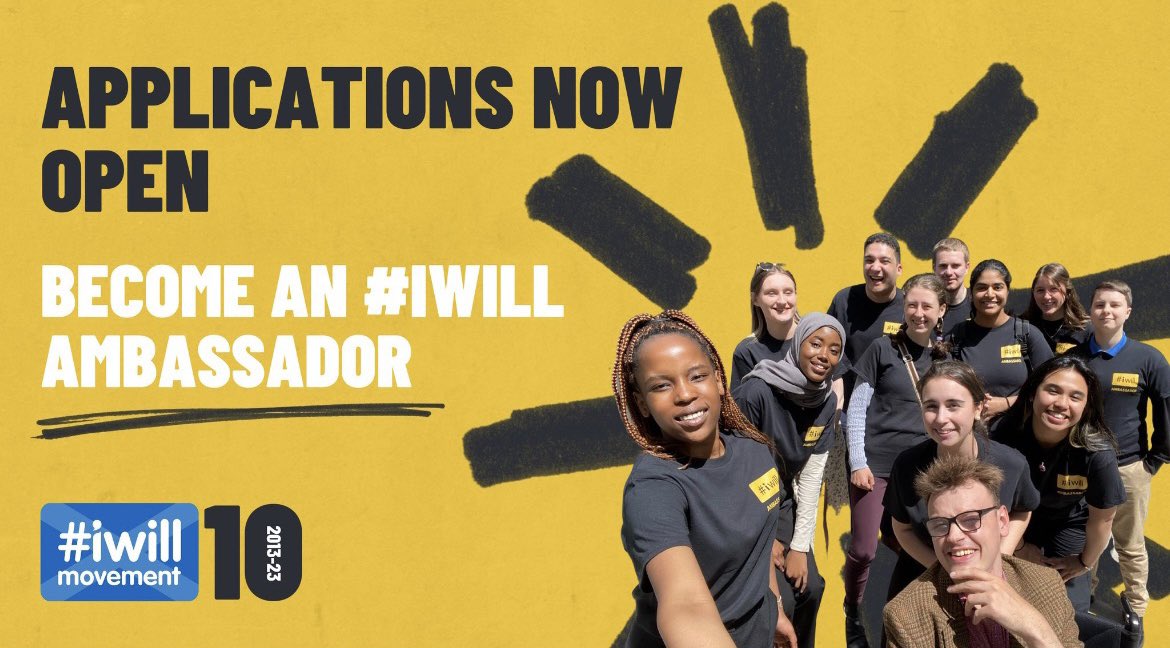 📢 CALLING ALL YOUNG PEOPLE AND THEIR ALLIES!

Applications to become an #iwill Ambassador in #Scotland have been EXTENDED until June 15th! 

Apply and nominate now!

Enhance your #SocialAction, learn new skills, and meet new friends today! 

#Volunteering #CYP #PowerOfYouth