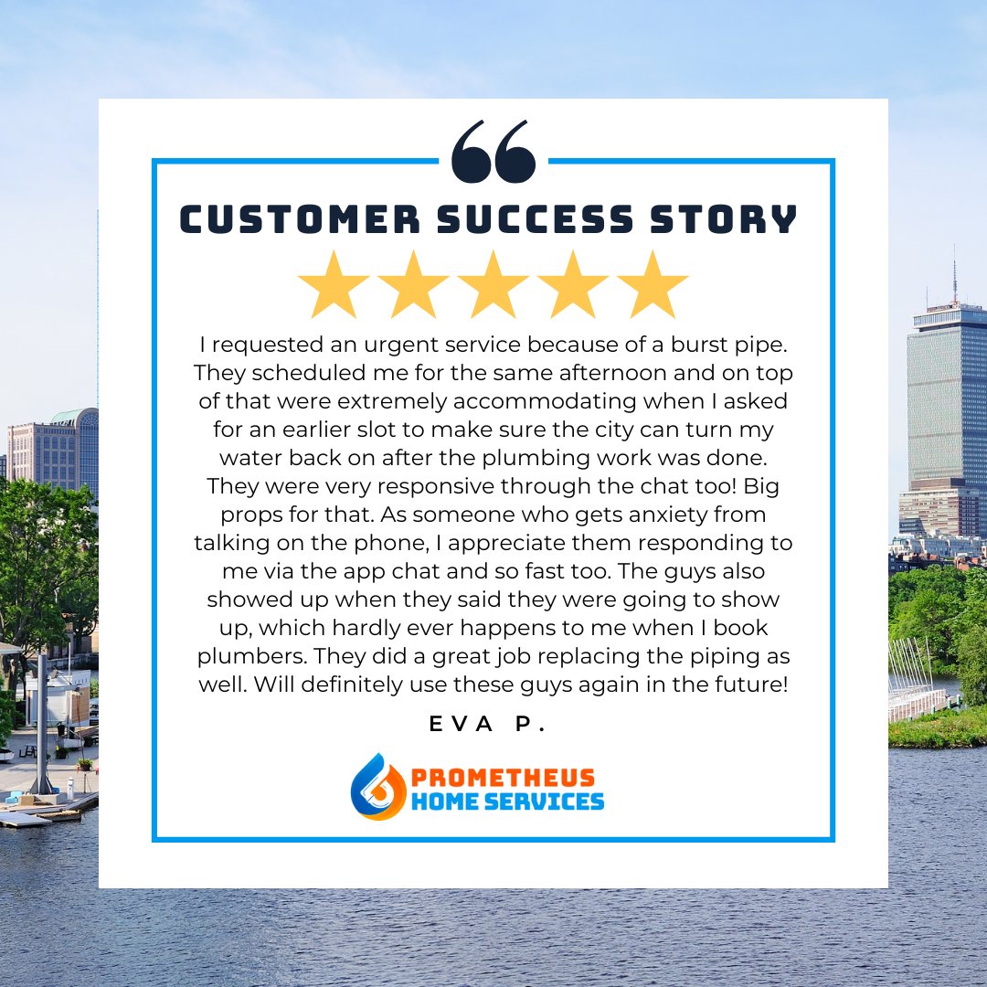 Eva's trust in us is the highest compliment we can receive. We look forward to serving her and others in the future!
.
.
#BostonPlumbing #EmergencyPlumbing #ResponsiveService #BurstPipeSolution #CommunicationMatters #BostonPlumber #TechFriendly #AnxietyFriendly #HappyCustomer