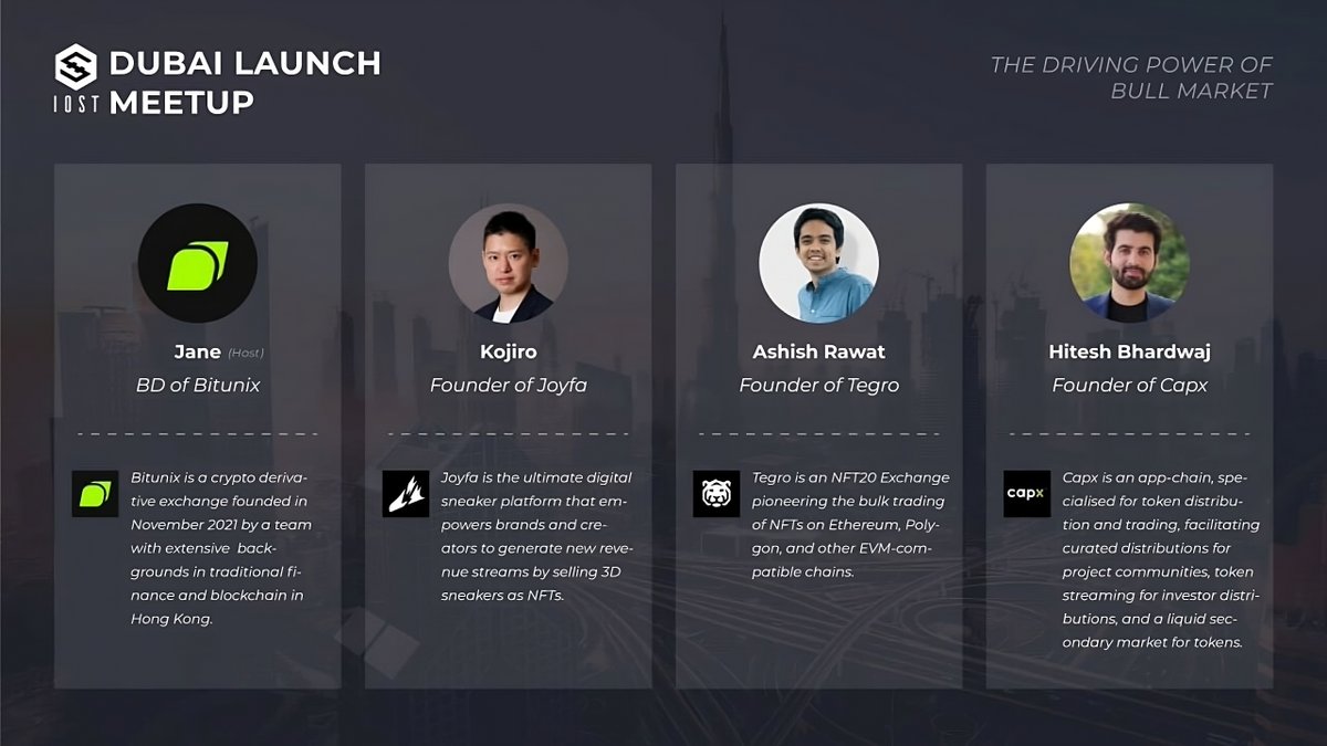 🇦🇪 2 days to go! 📣 Join us for an engaging panel discussion at our #IOST  #Dubai Meetup! 🏠 Host: Jane @bitunix 🎙️ Guests: Kojiro @Joyfa_official,  Ashish @TegroFi, Hitesh @CapxFi 📅 Mark