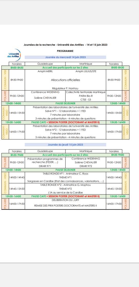 Communication. 
L'UFR-STE accueille la première édition des journées de la recherche de l'université des Antilles les 14 et 15 juin. Ci-joint le programme. Cette manifestation est ouverte à tous notamment aux étudiants de L3, deuxième et troisième cycles intéressés par la R&amp;D.