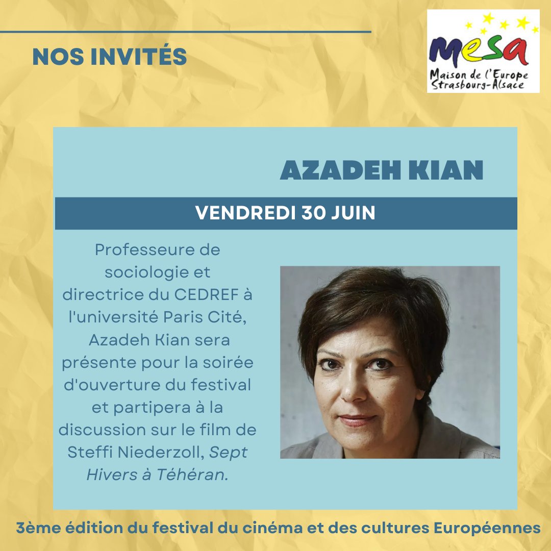 La MESA a l'honneur de vous présenter sa première invitée au festival du Cinéma et des Cultures Européennes 2023. Azadeh Kian sera présente lors de la soirée d'ouverture du festival, le 30 juin 2023.