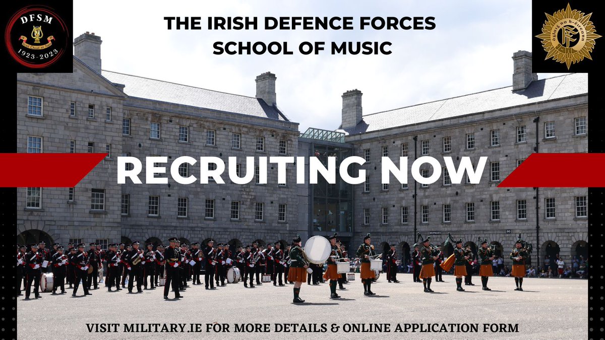 RECRUITING NOW
The DFSM is Recruiting for wind, brass & percussion instrumentalists across all three bands. 
Open to Irish, EU & UK Citizens who are eligible to work in Ireland. 
Application deadline is 2359hrs on Sunday 18th June.
#militarymusic #musicjobs #irishjobs #BeMore