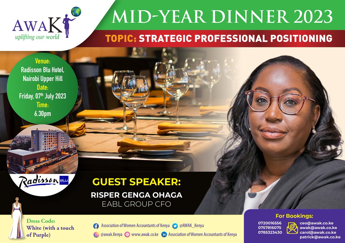 We are greatly honoured to have Risper Genga Ohaga
Group Chief Financial Officer and Executive Director, EABL- Plc speak to us on Strategic Professional Positioning at our 2023 Mid-Year Dinner.
 
Register today....
awak.co.ke/midyeardinner

#awakupliftingourworld