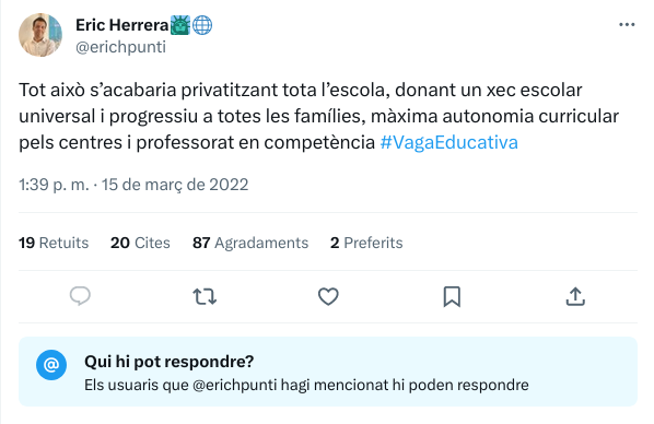 La parella de la nova consellera d'Educació <a href="/AnnaSimo/">Anna Simó Castelló</a> ha esborrat un tuit on demanava la privatització de l'escola pública. No passa res, teníem una imatge del tuit copiada. Si és que... sou com nens petits...😉😬