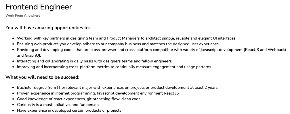 F2aldi's tweet photo. #ngl kebutuhan frontend di perusahaan sekarang? 
Ini Objektif berdasarkan teknologi yang biasanya udah ada / settle diperusahaan tersebut. Contohnya:

eFishery:
- Kolaborasi dgn Designer
- ReactJS ekosistem
- GraphQL
- Git branching
Eneba
- ReactJS Ekosistem
- GraphQL
- CSS Module
-writing well-structured